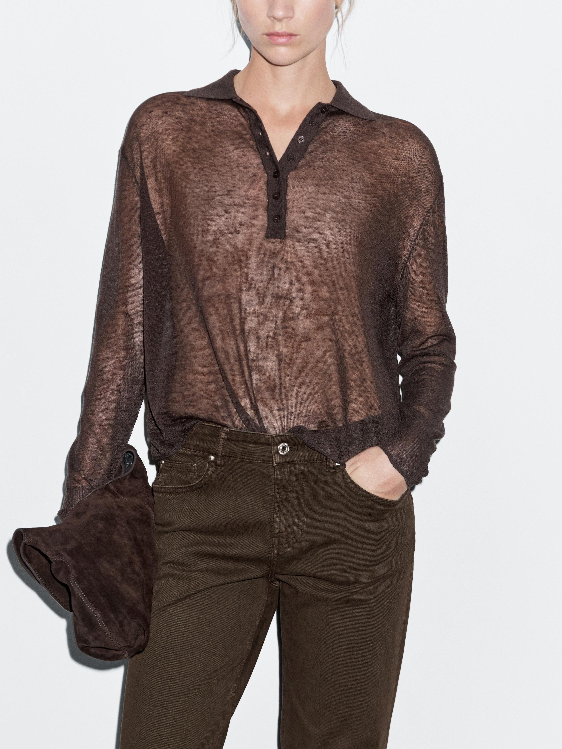 Straight-leg mid-waist denim-effect trousers